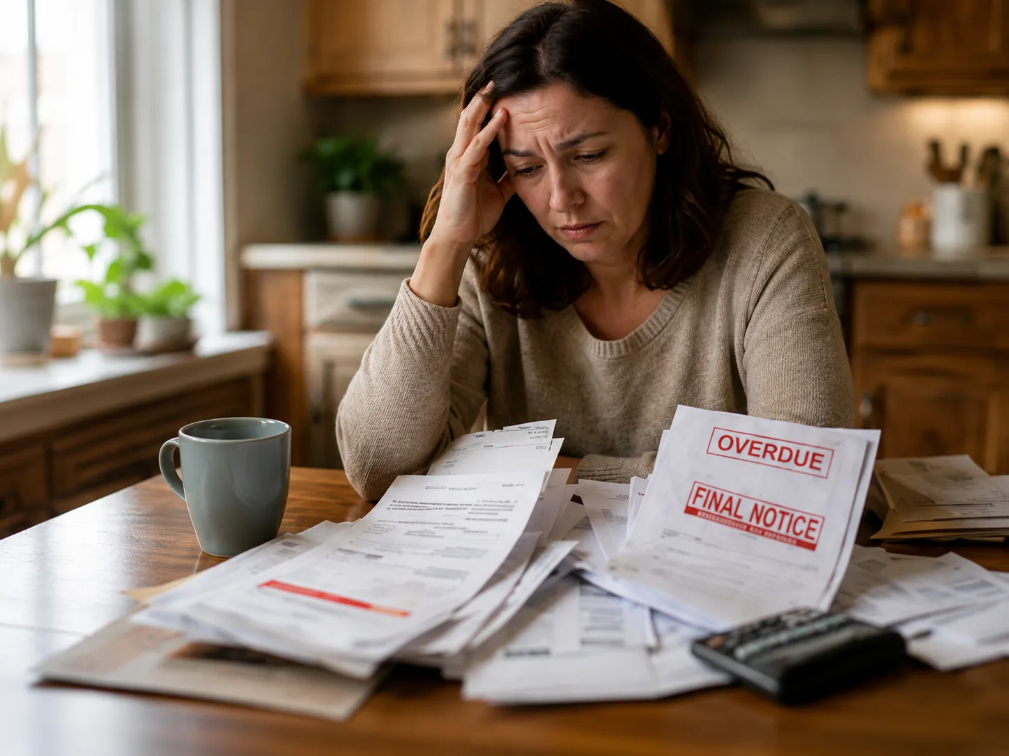 Homeowner alone at her kitchen table, overdue notices and paperwork