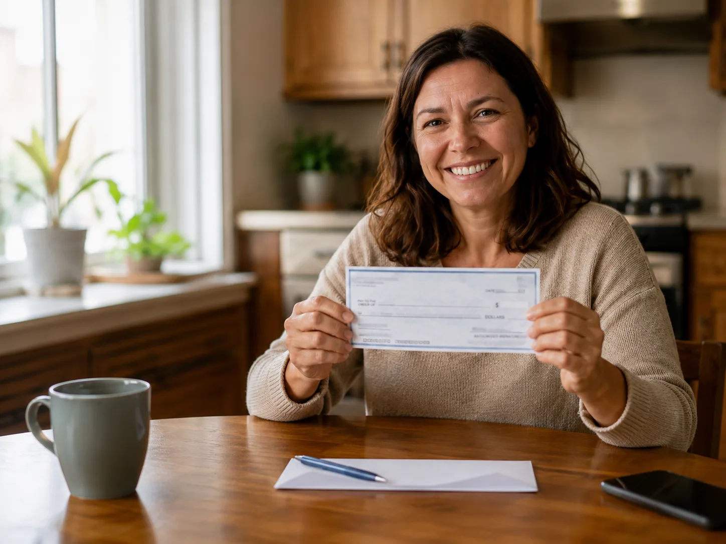 Homeowner smiling, holding a check after closing